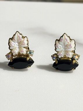West Germany Black Faceted & Iridescent White Leaf Rhinestone Clip Earrings